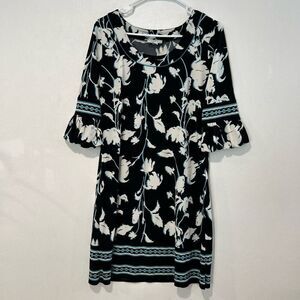 Ann Taylor LOFT Floral Shift Dress Black White Blue Ruffle Sleeve Size 6